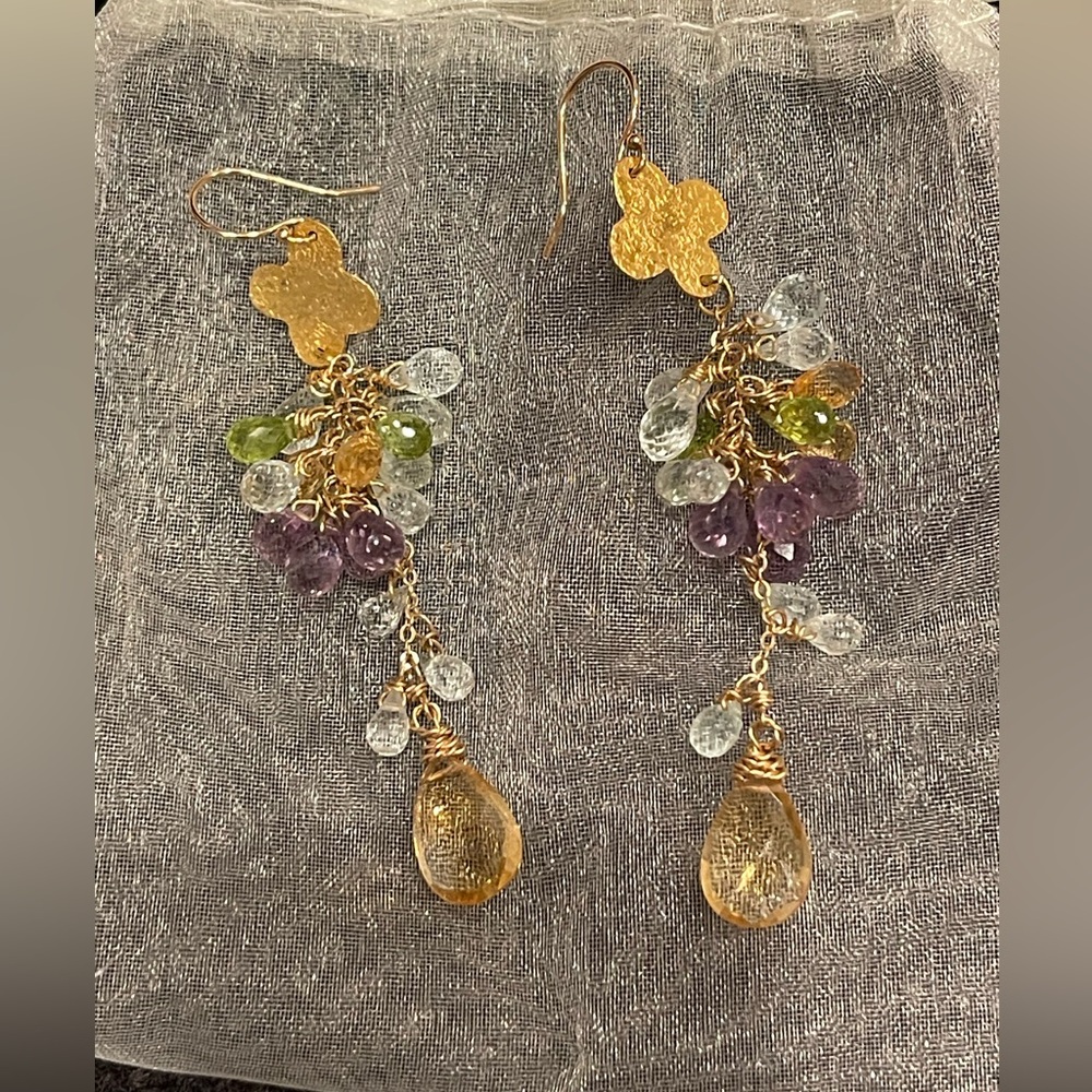 3” LONG DANGLE GOLD, CITRINE & AMETHYST CRYSTAL DROP EARRINGS - VERY PRETTY!